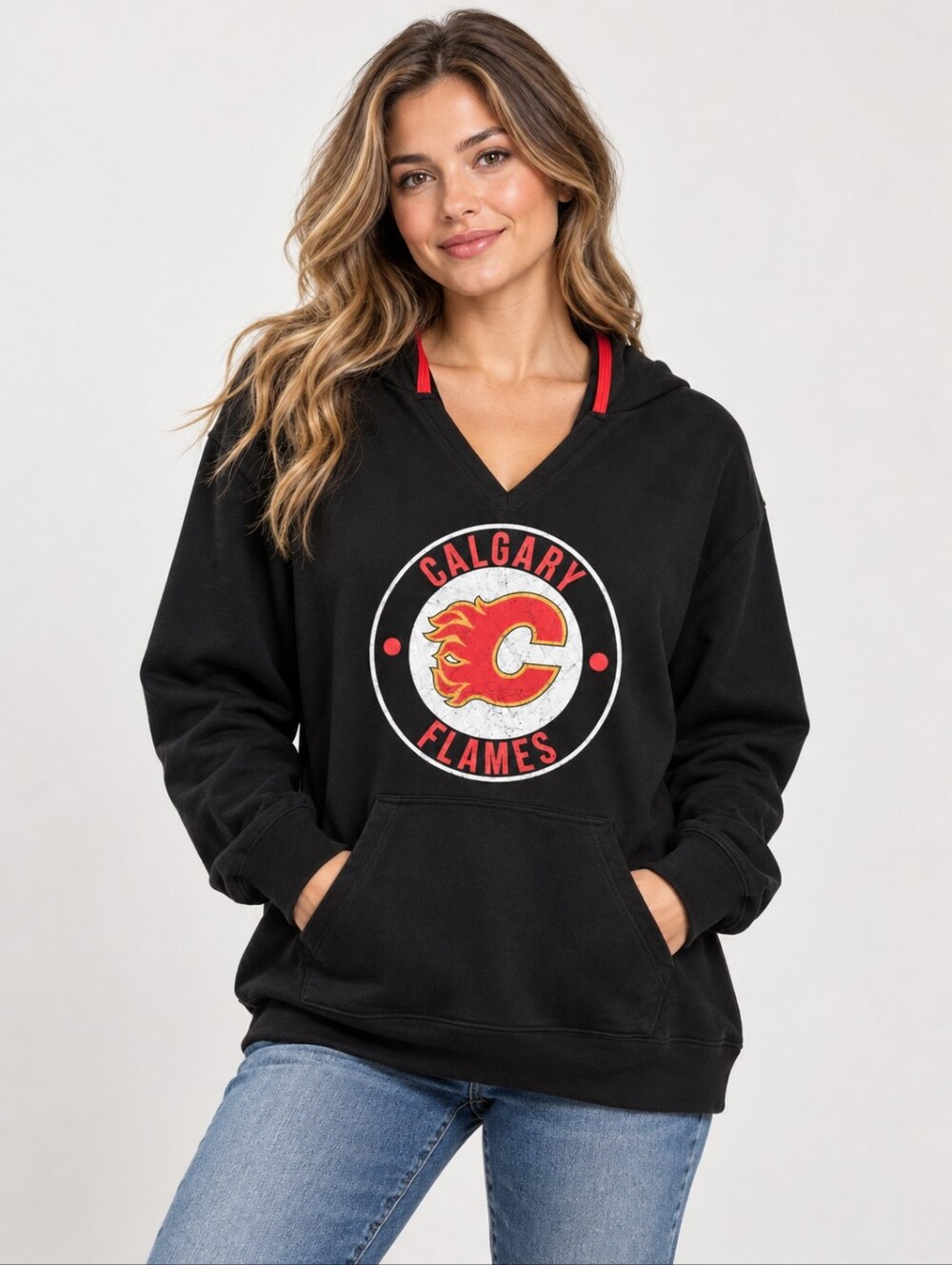 Calgary Flames NHL Women’s XXL Black V-Neck Hooded Long Sleeve Top Calhoun